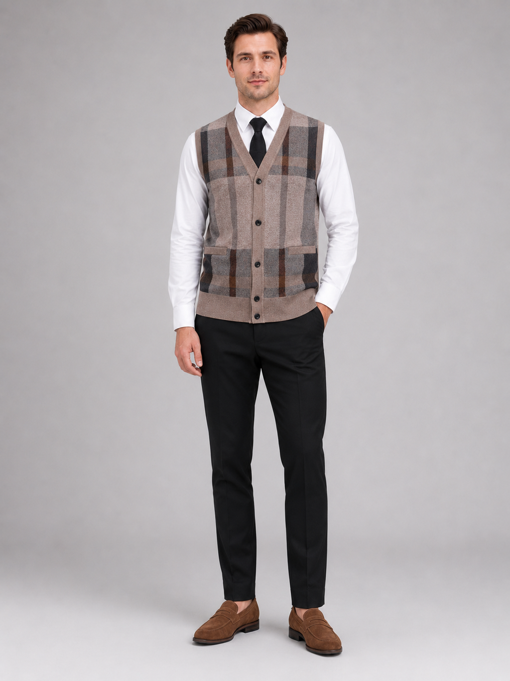 Brown fleece sweater vest for men warm v neck knit layer for business casual and everyday wear