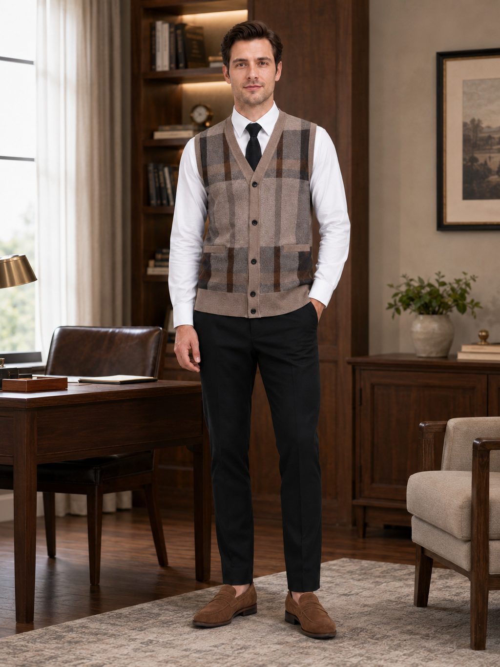 Man styling brown fleece sweater vest in a classic business casual and everyday lifestyle outfit
