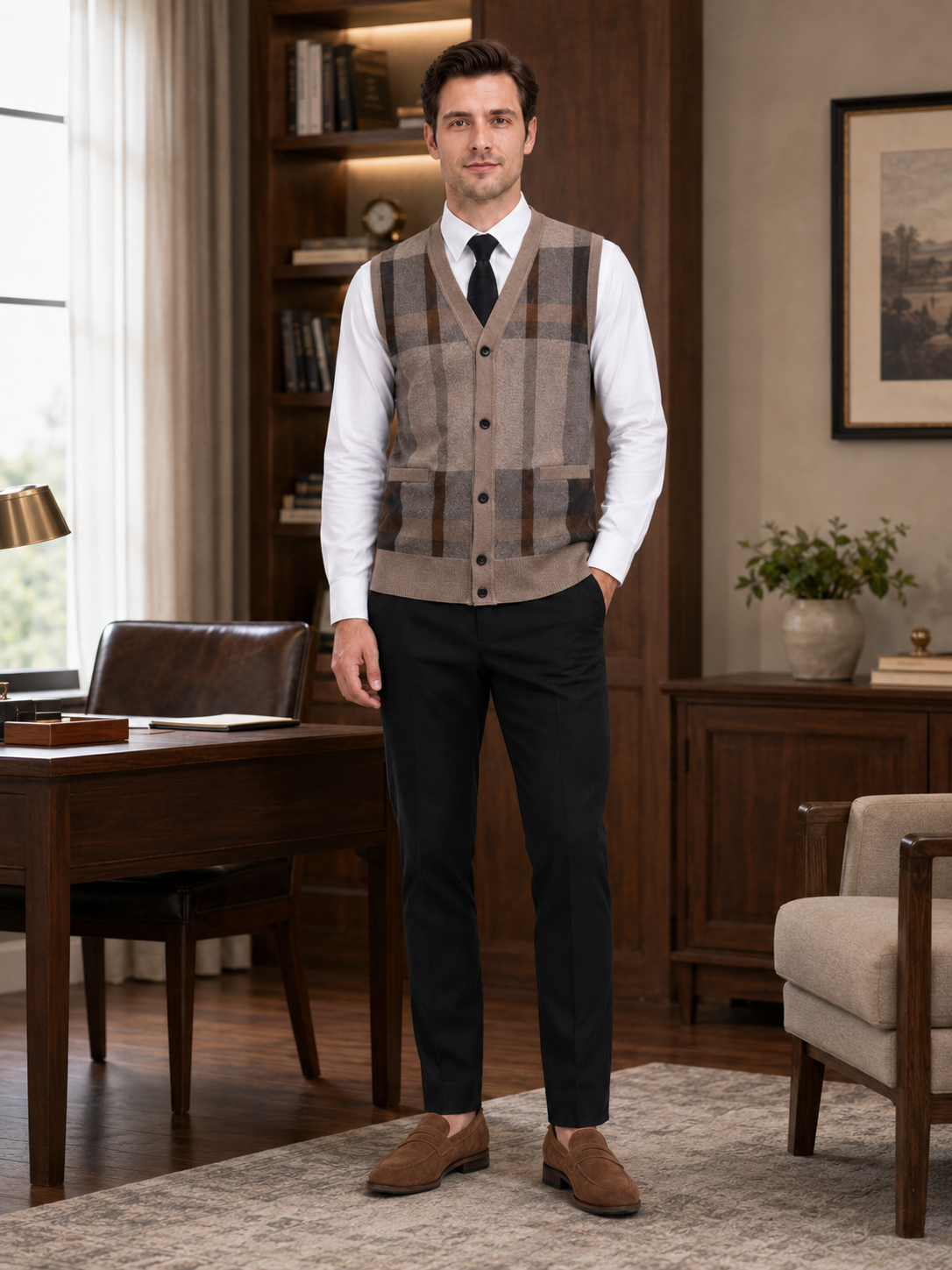 Man styling brown fleece sweater vest in a classic business casual and everyday lifestyle outfit