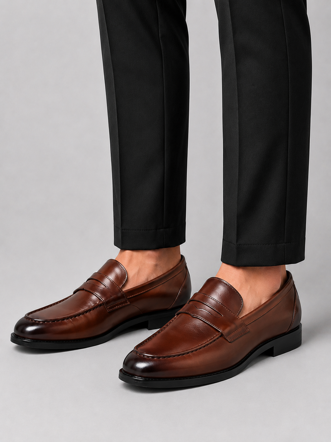 Men wearing brown genuine leather loafers slip on dress shoes for business casual and formal wear