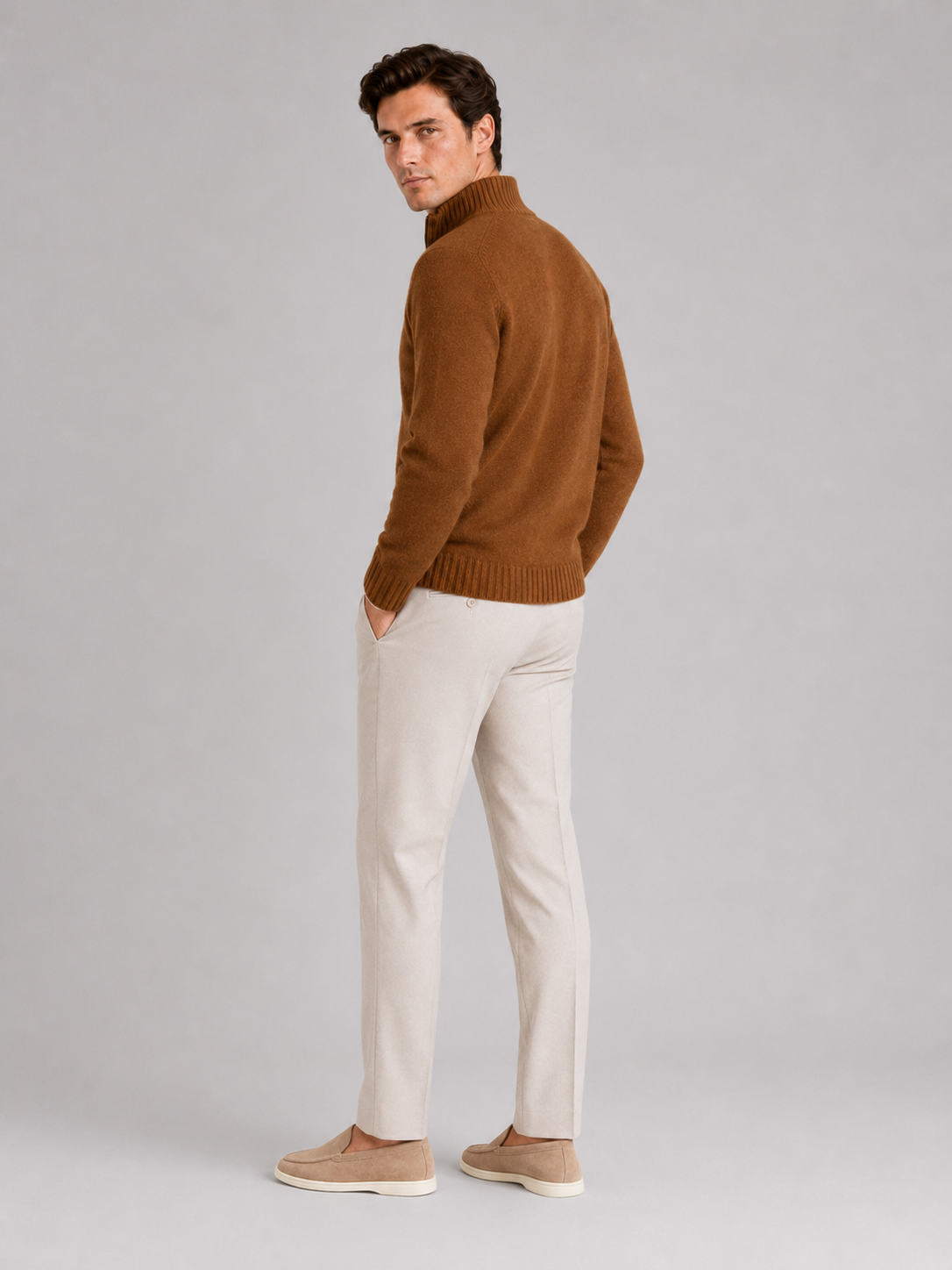 Men’s brown solid color half zip sweater comfortable knit top for casual outfits