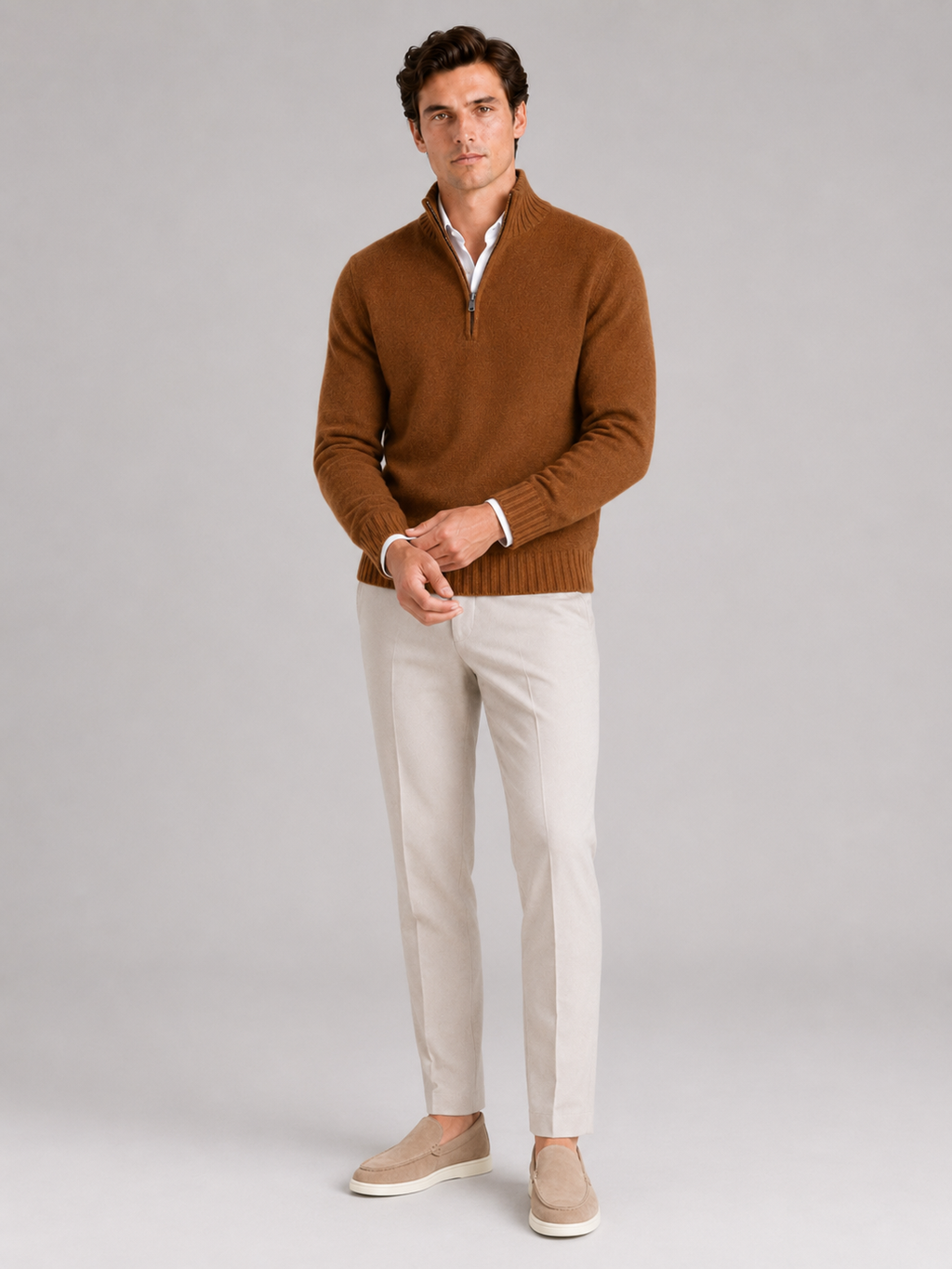 Brown half zip knit sweater for men long sleeve pullover for everyday fall wear