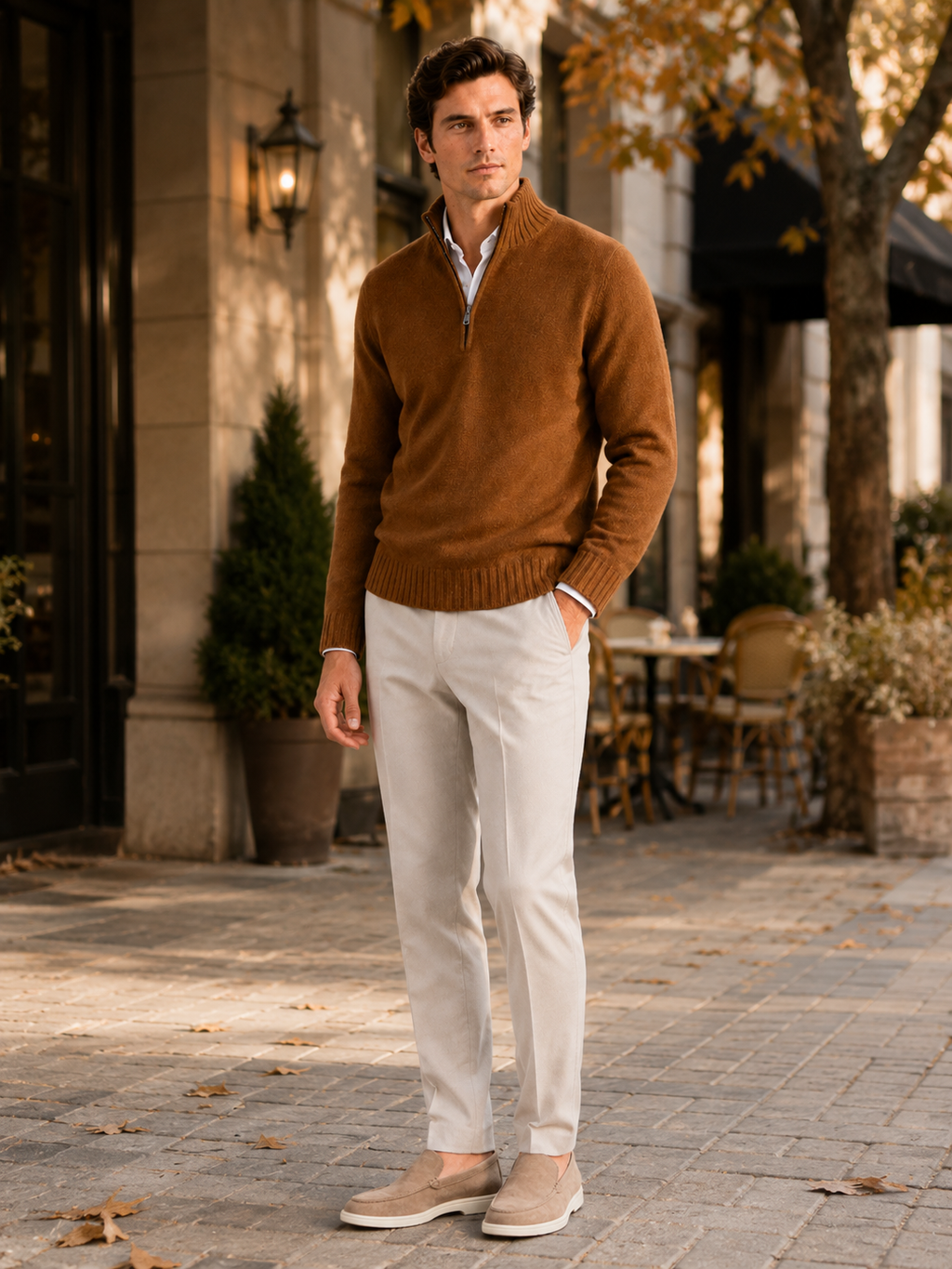 Man styling brown half zip sweater in a warm fall lifestyle outfit
