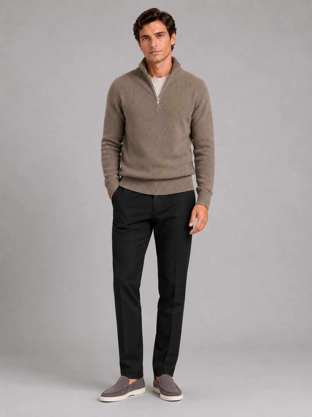 Men’s brown thick knit half zip pullover comfortable sweater for business casual outfits