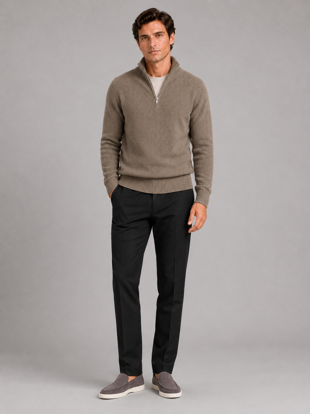 Men’s brown thick knit half zip pullover comfortable sweater for business casual outfits