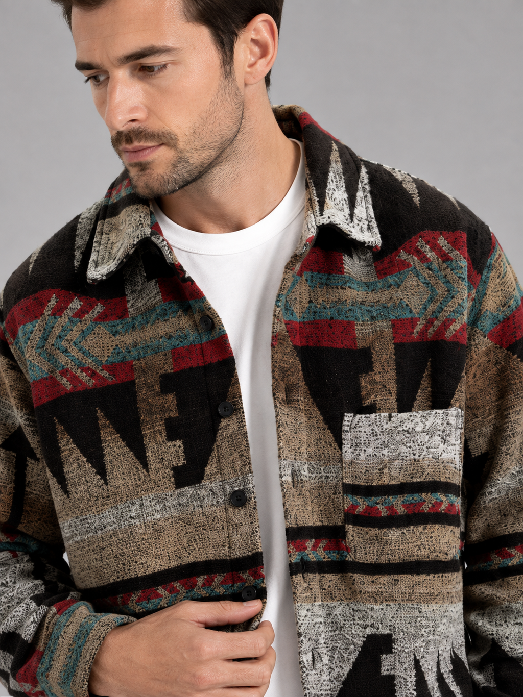 Close-up of a brown heavyweight flannel shacket showing the premium wool blend fabric, ethnic pattern, button closure, chest pockets, collar, and stitching details