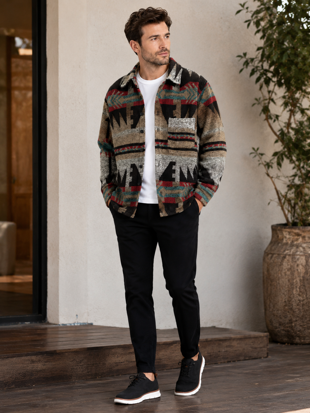 Man wearing a brown wool blend flannel shirt jacket with an ethnic print in a casual outdoor fall winter outfit