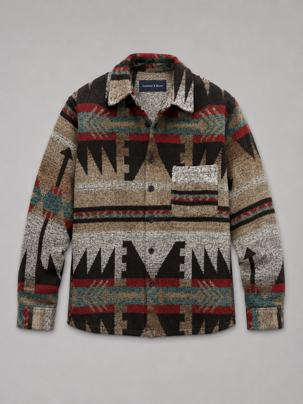 Brown men’s heavyweight wool blend flannel shacket with an ethnic print pattern displayed on a plain background