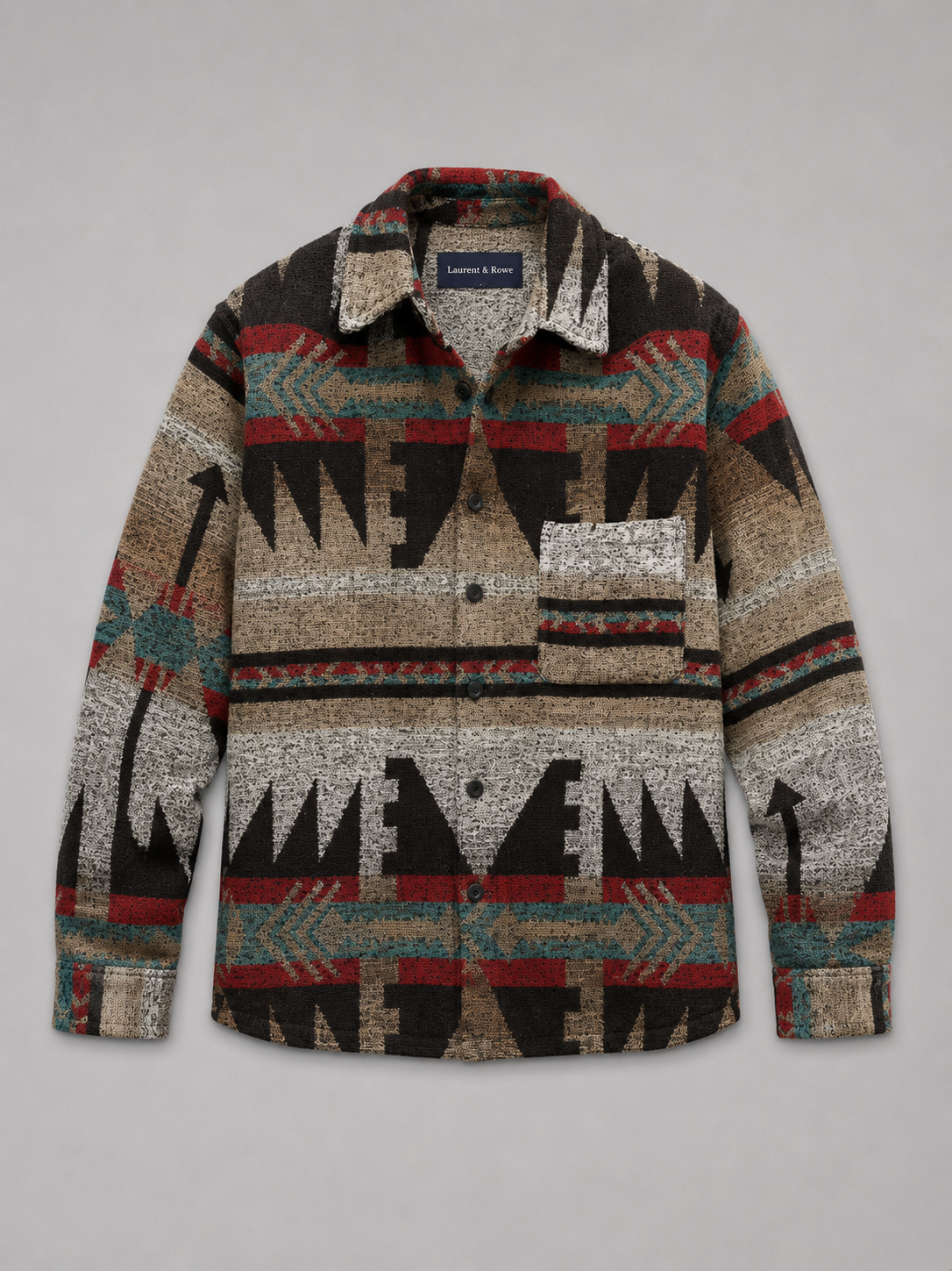 Brown men’s heavyweight wool blend flannel shacket with an ethnic print pattern displayed on a plain background