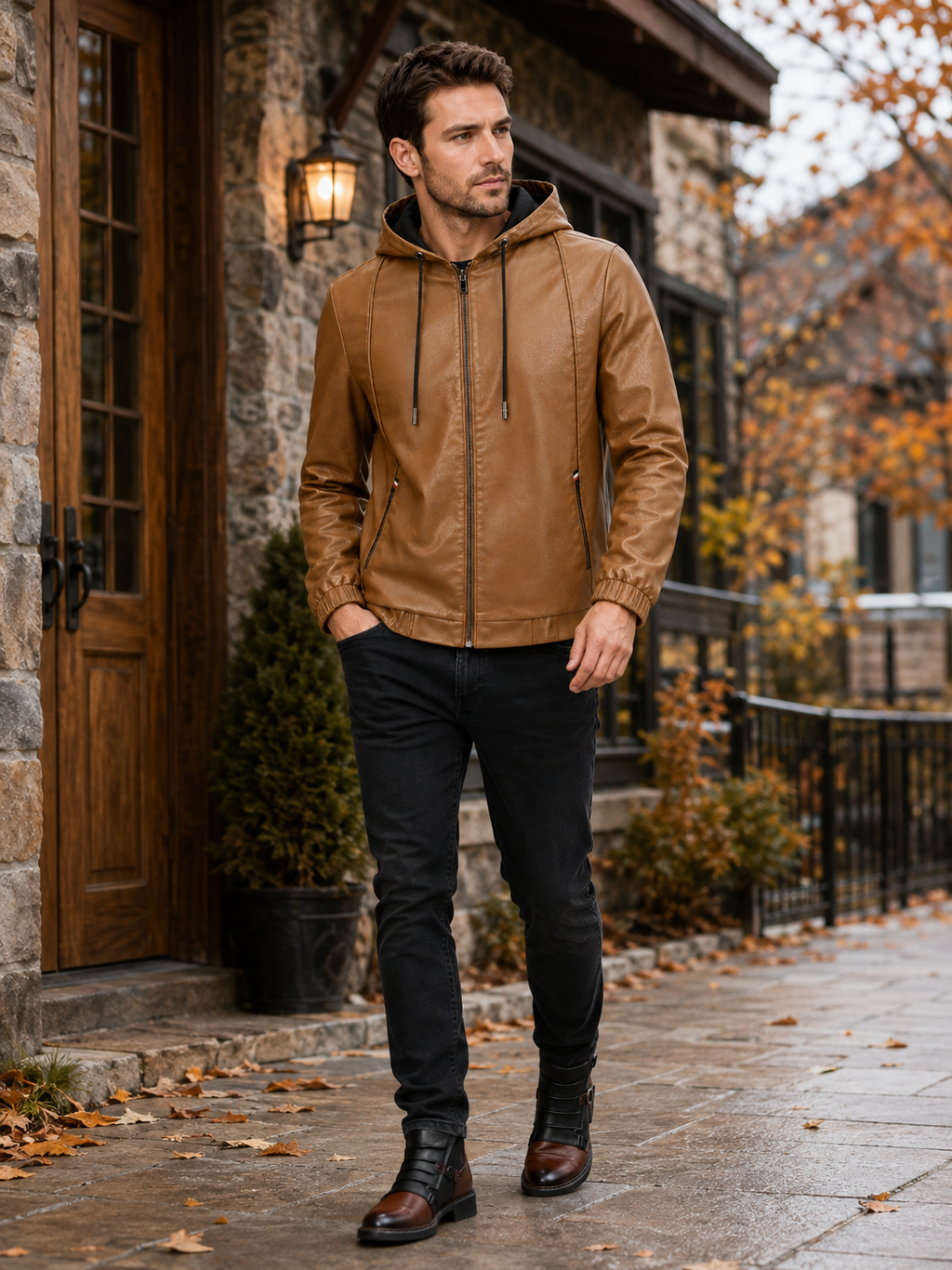 Man wearing a brown hooded leather jacket in a casual outdoor fall winter outfit with jeans and leather boots