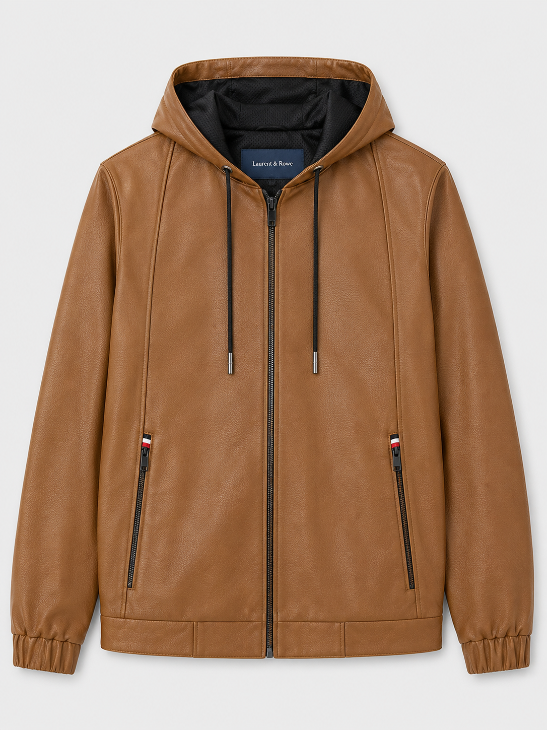 Brown men’s hooded leather jacket with a zip-up front displayed on a plain background