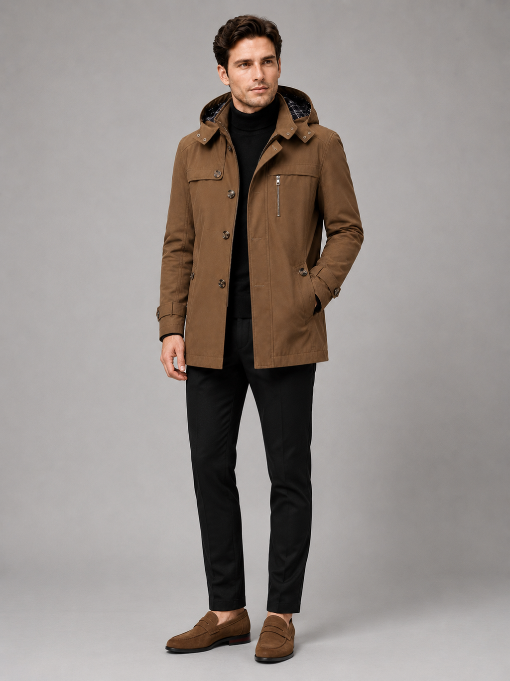 Brown hooded trench coat for men long warm fall winter outerwear for everyday wear