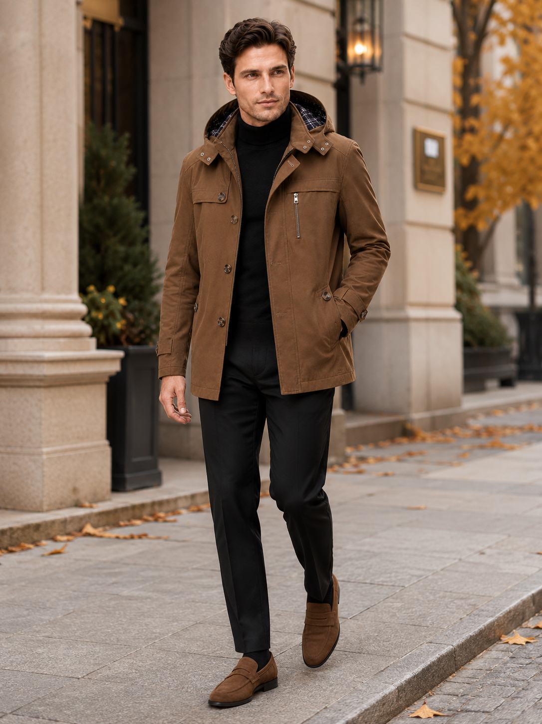 Man styling brown hooded trench coat in a classic outdoor and everyday winter lifestyle outfit