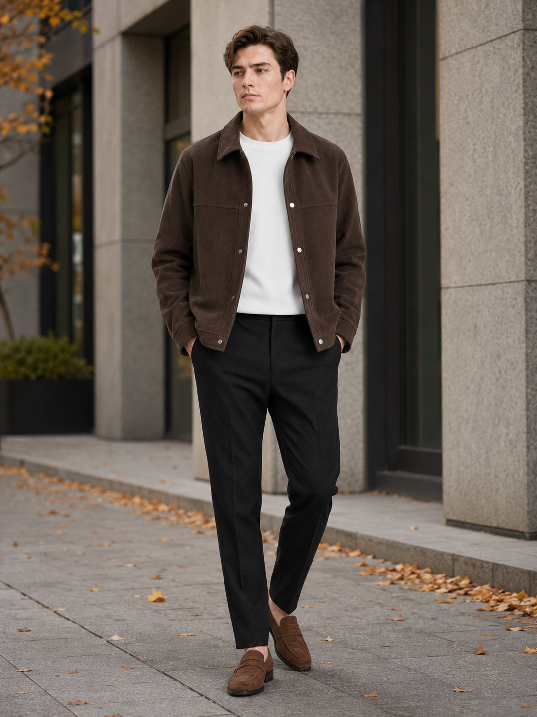 Man styling brown corduroy jacket in a classic streetwear and everyday lifestyle outfit