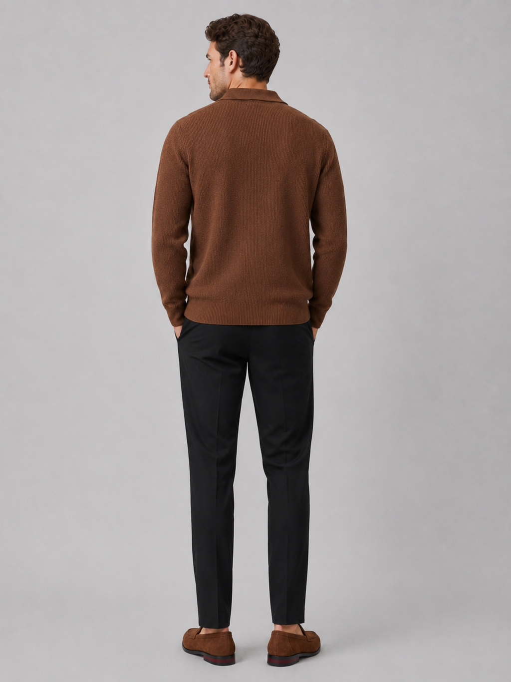 Back view of a man wearing a brown Johnny collar sweater showing the heavyweight knit and relaxed fit