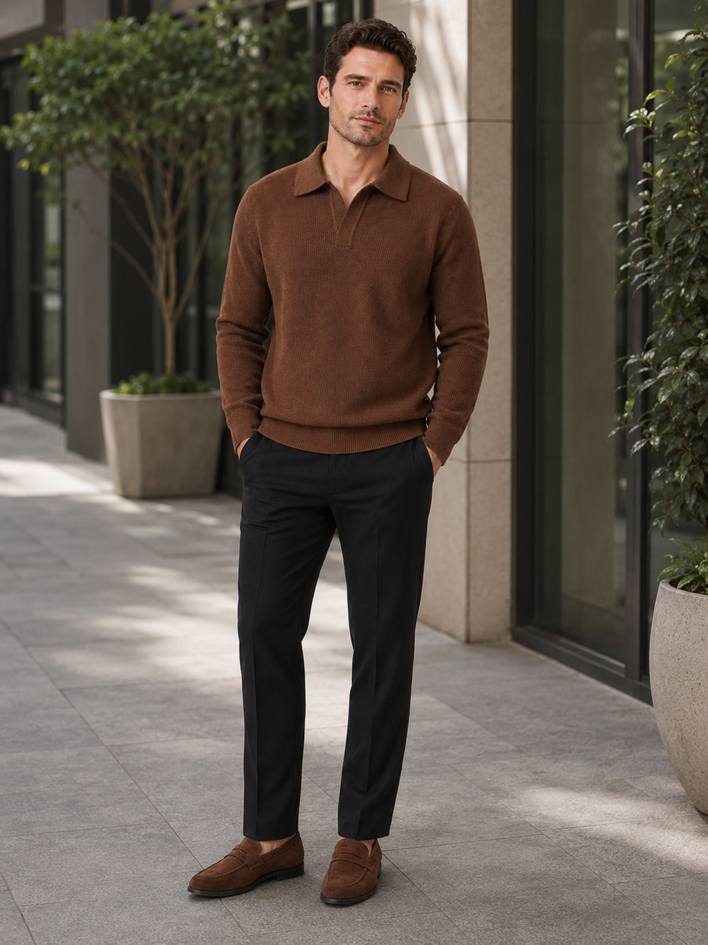 Man wearing a brown heavyweight Johnny collar sweater in a relaxed everyday spring or fall outfit