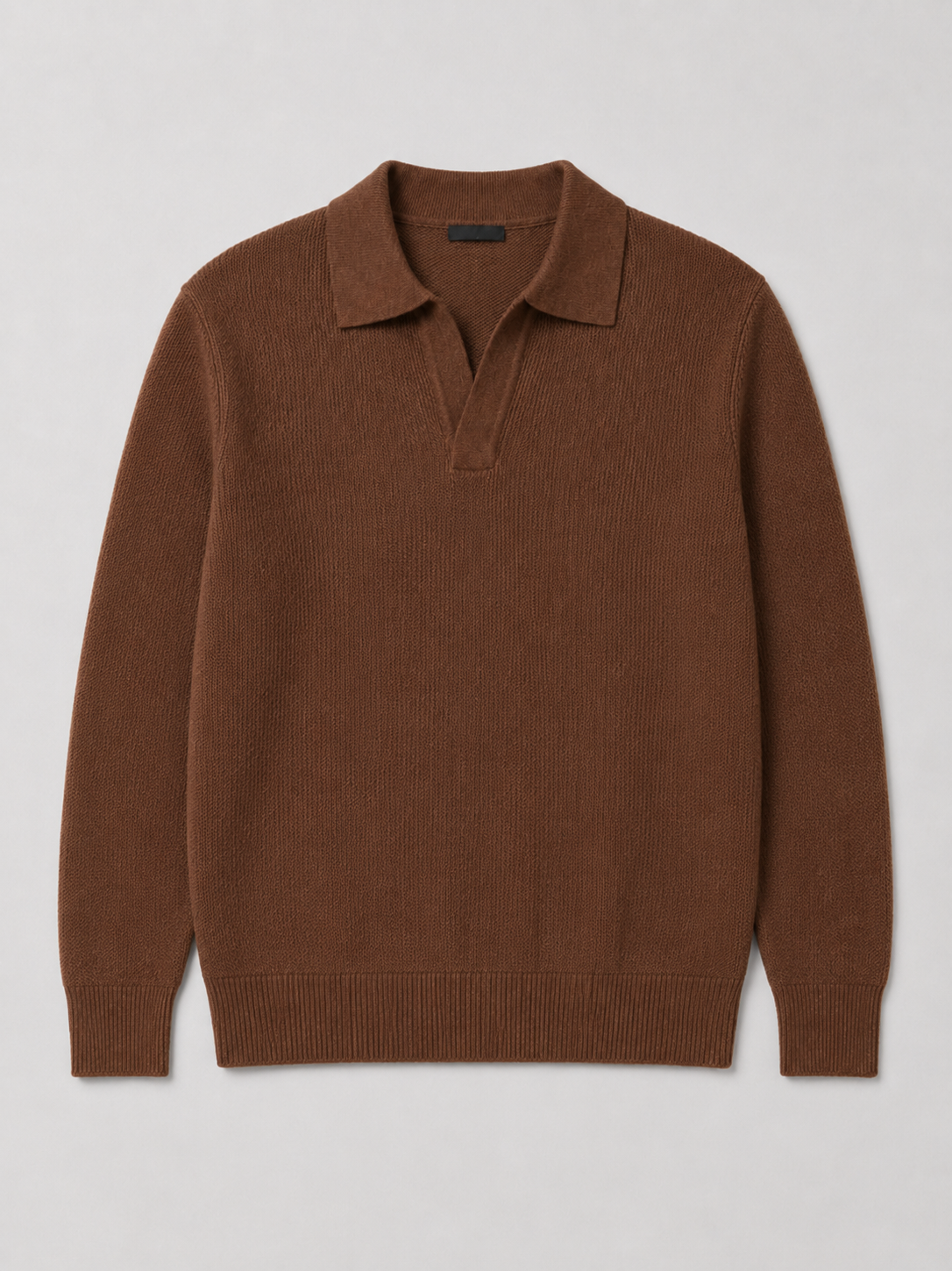 Brown men’s heavyweight knit Johnny collar polo sweater displayed on a plain background