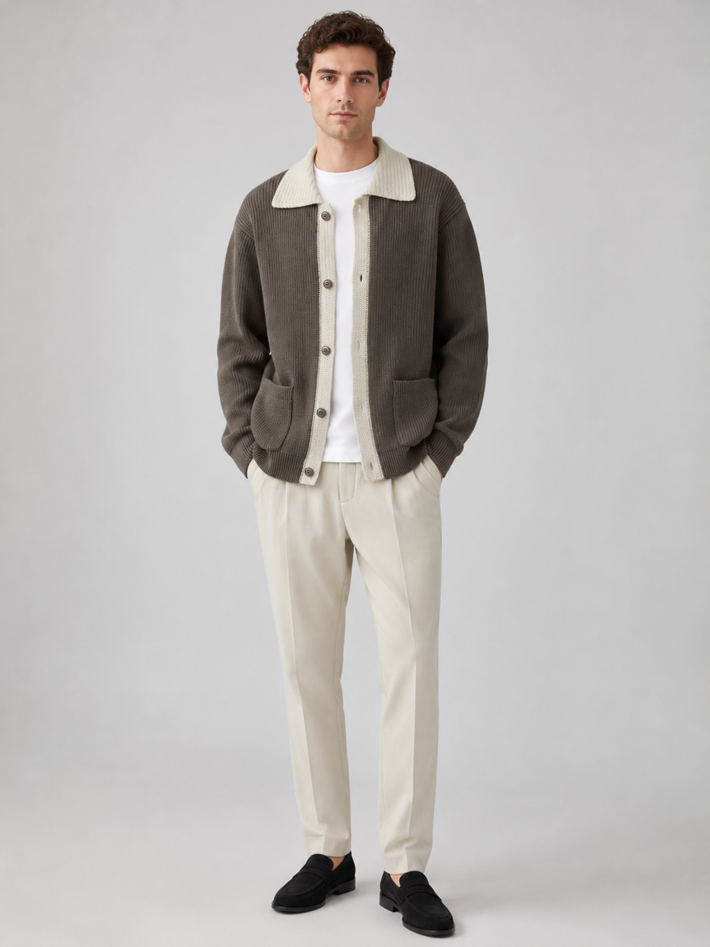 Brown knit cardigan sweater for men button up fall winter layer for everyday wear