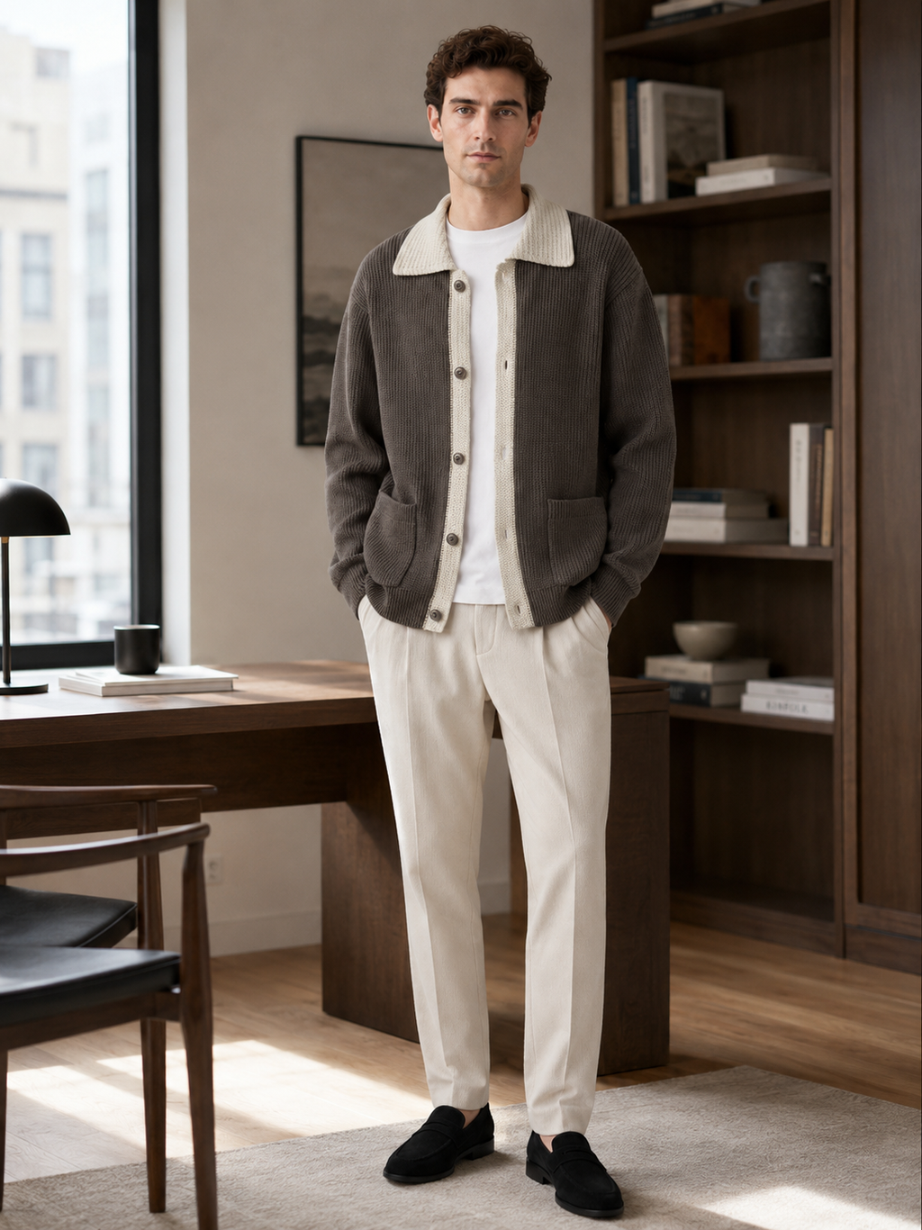 Man styling brown contrast collar cardigan sweater in a refined business casual and everyday lifestyle outfit