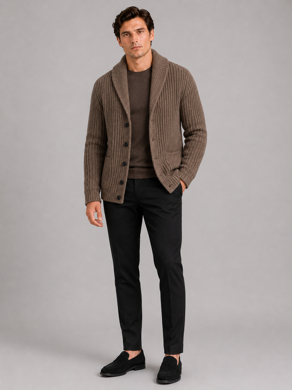 Brown slim fit cardigan sweater for men warm button up layer for business casual wear
