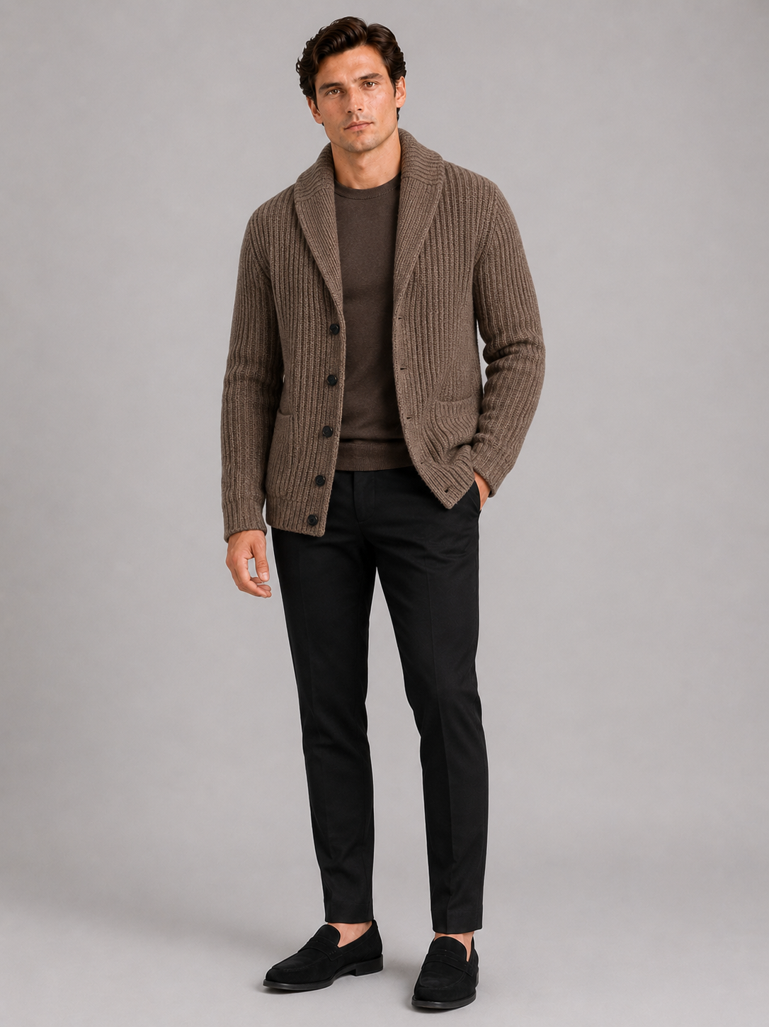 Brown slim fit cardigan sweater for men warm button up layer for business casual wear
