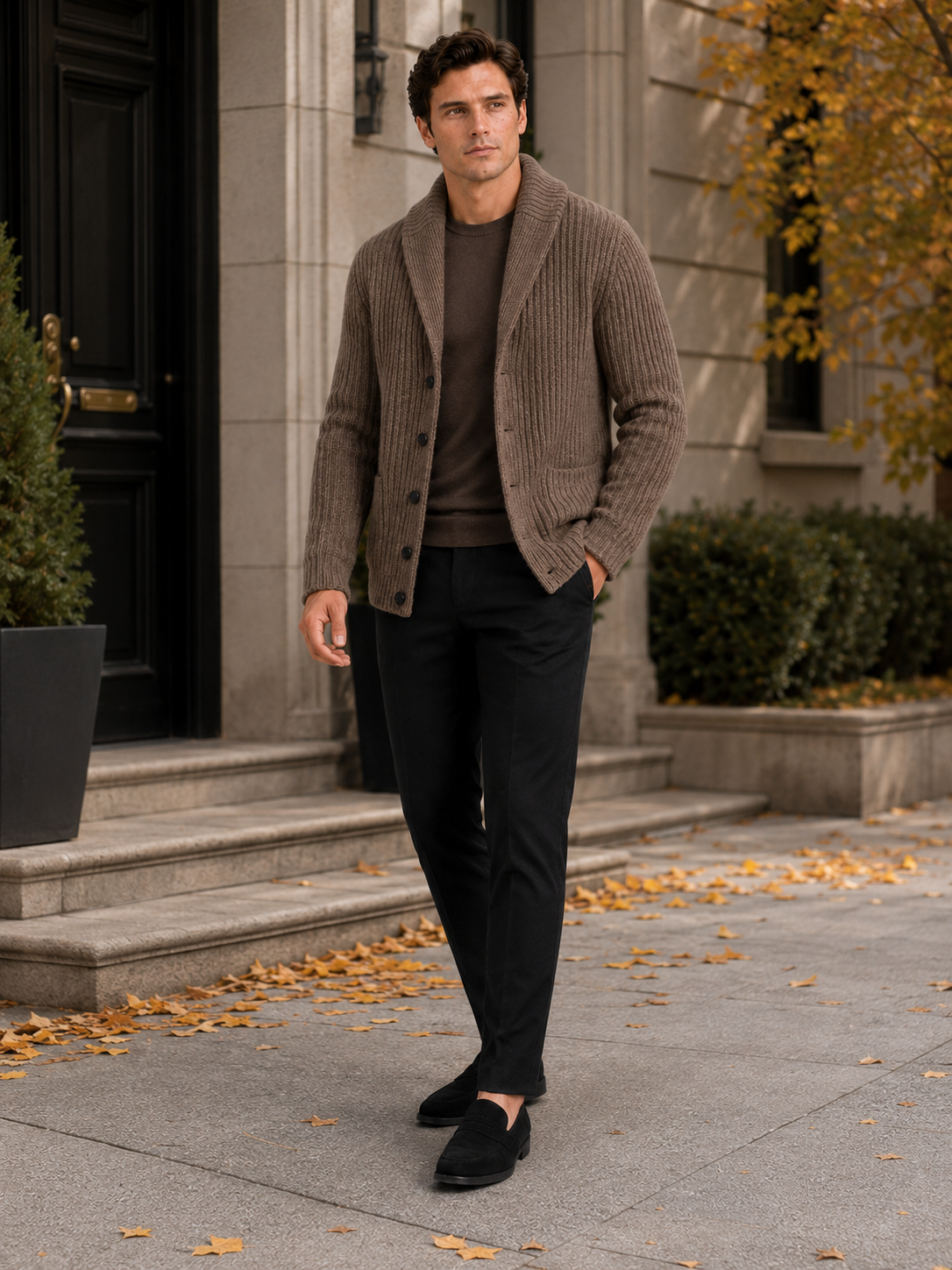 Man styling brown lapel cardigan sweater in a refined business casual lifestyle outfit