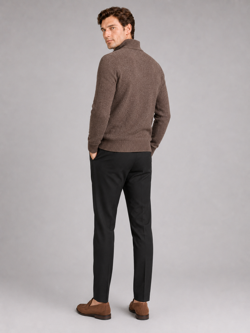 Men’s brown thick knit full zip sweater comfortable casual top for cold weather outfits