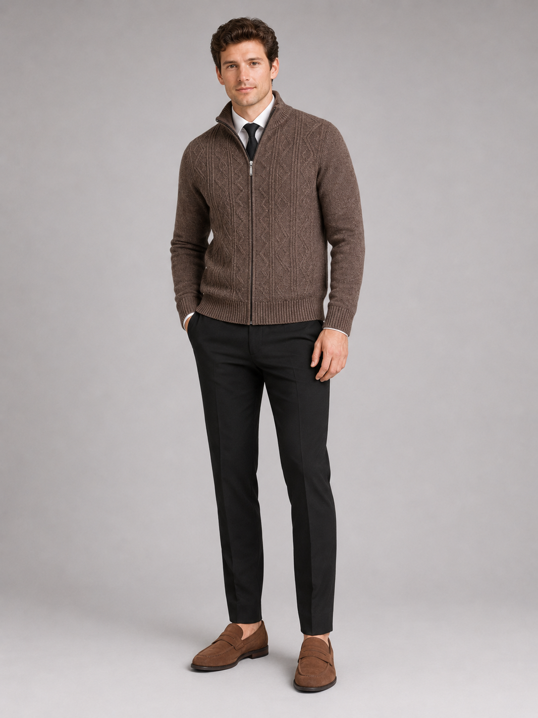 Brown stand collar zip sweater for men warm knit layer for everyday winter wear