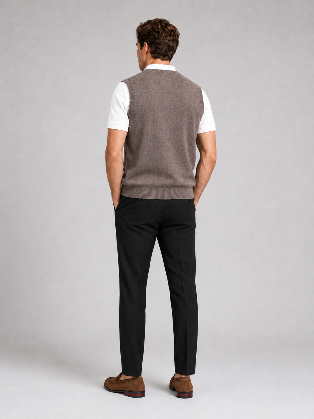 Men’s brown v neck sweater vest comfortable knit layer for business casual outfits