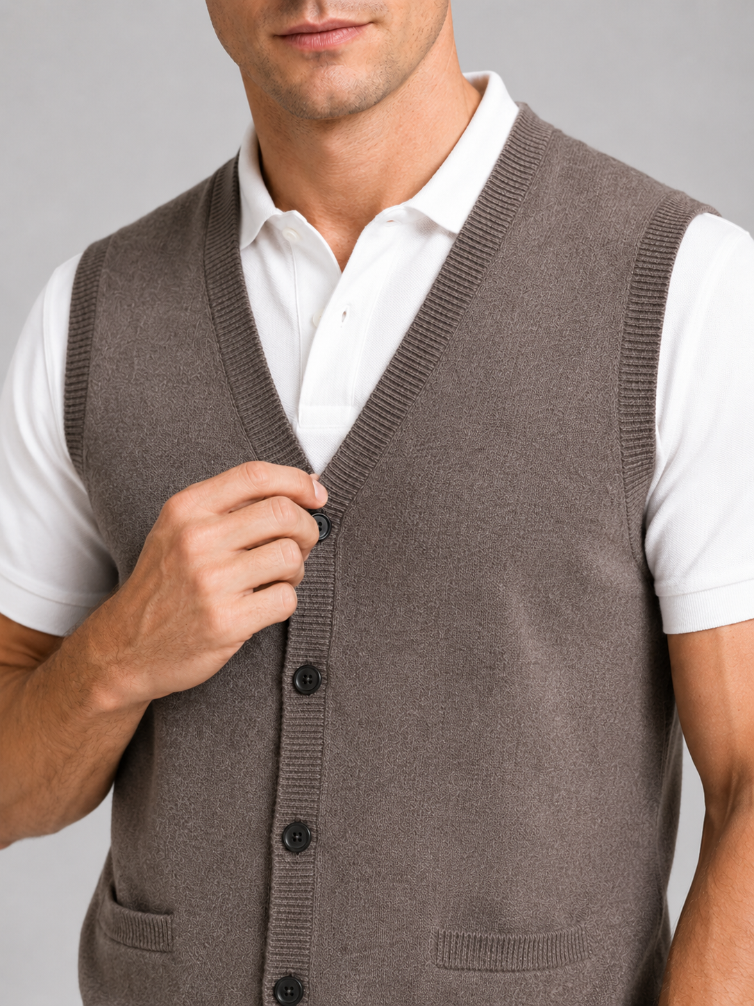 Close up of brown button up sweater vest showing soft knit texture and classic v neck detail
