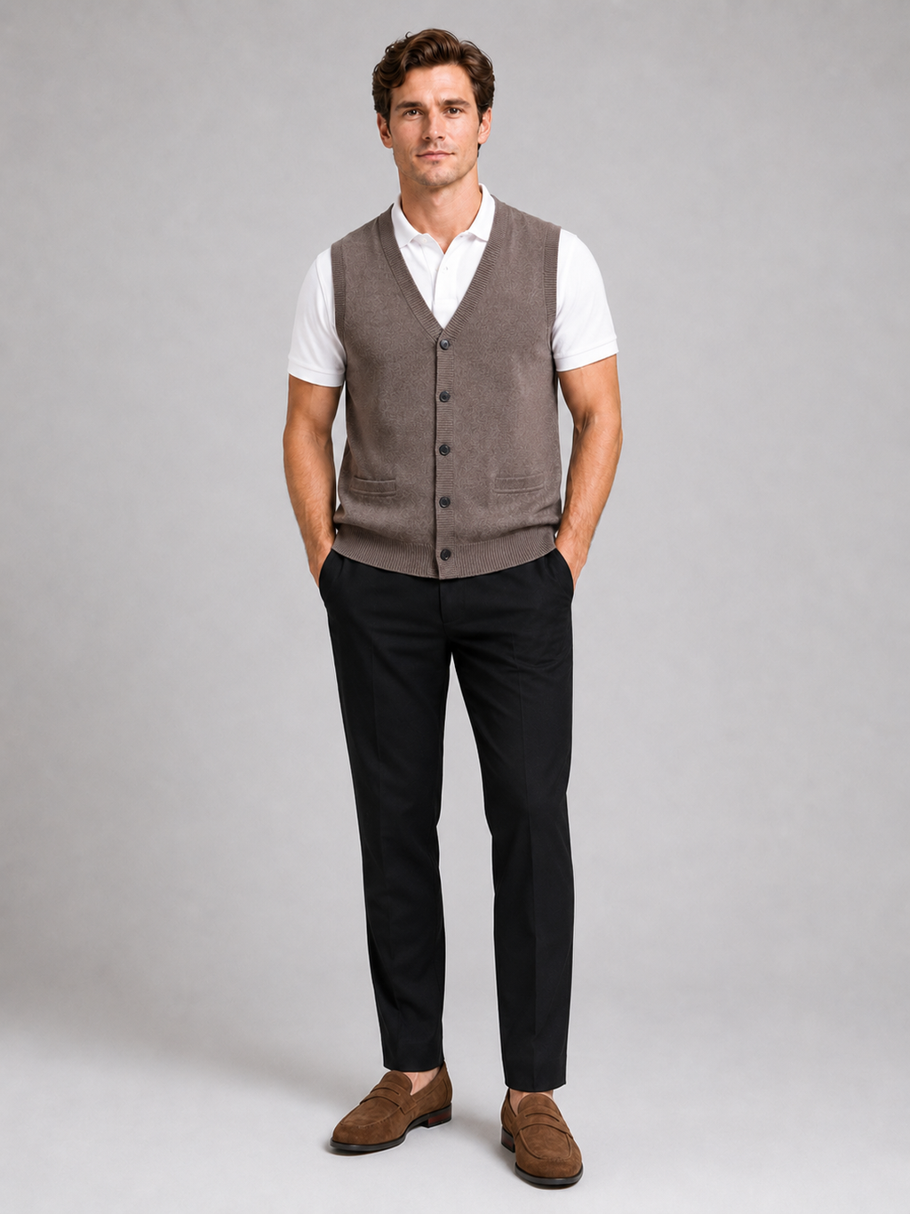 Brown knit sweater vest for men button up fall winter layer for office and everyday wear