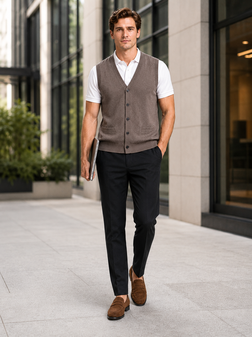 Man styling brown button up sweater vest in a classic business casual office outfit