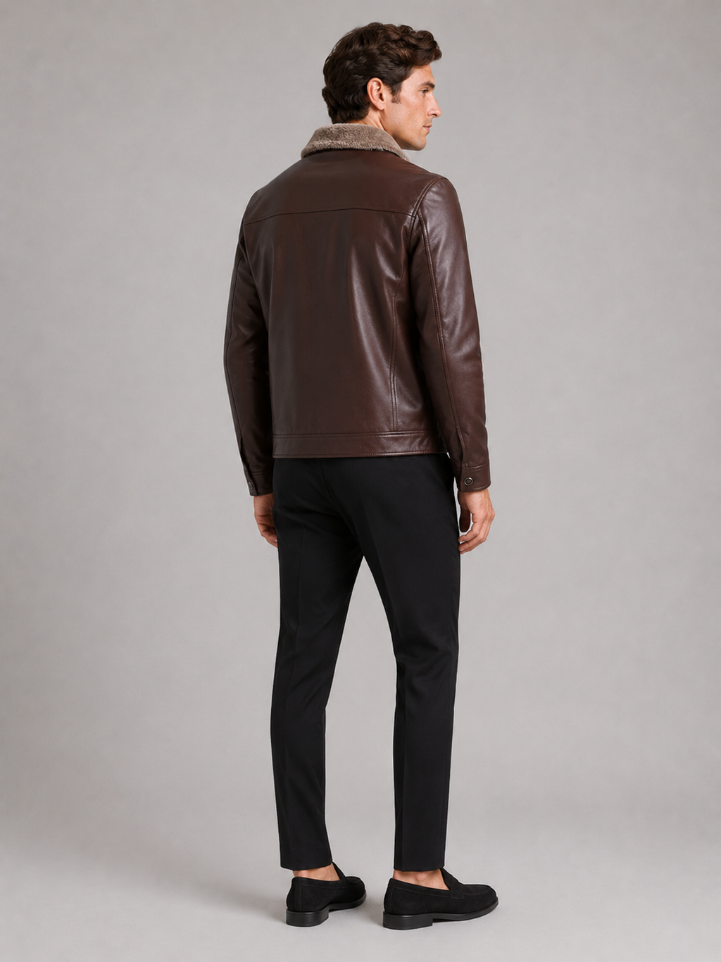 Men’s brown fleece lined leather jacket comfortable winter layer for casual streetwear outfits