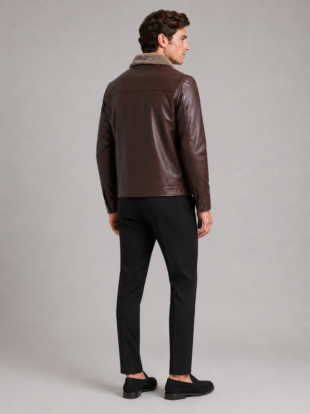 Men’s brown fleece lined leather jacket comfortable winter layer for casual streetwear outfits