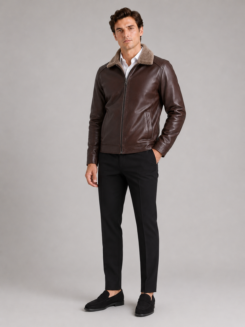 Brown leather biker jacket for men warm fall winter outerwear for everyday wear
