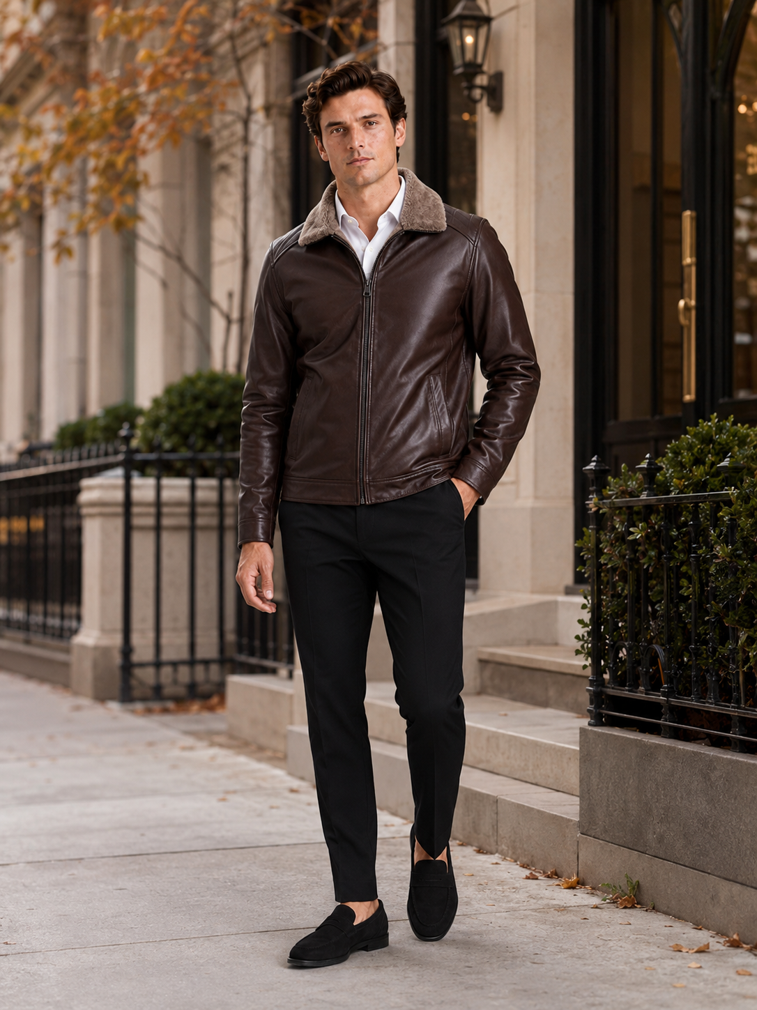 Man styling brown leather biker jacket in a rugged streetwear and everyday winter outfit