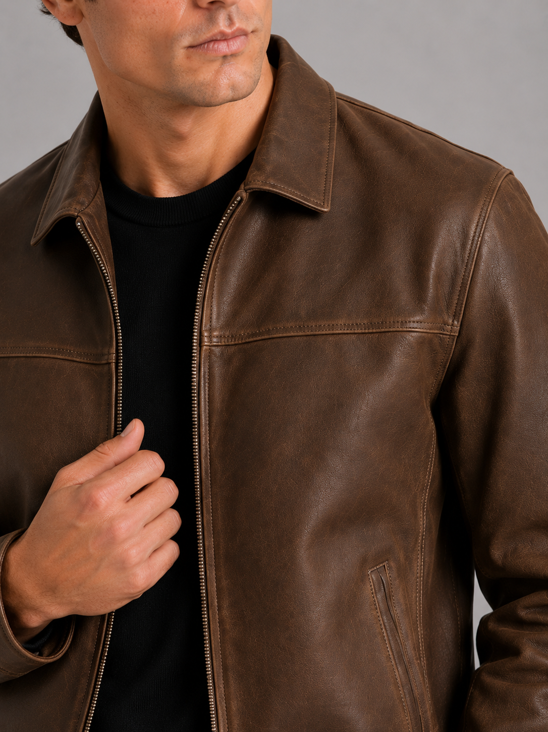Men’s Leather Flight Jacket Zip-Up Loose Fit Spring Fall Jacket for Everyday and Streetwear