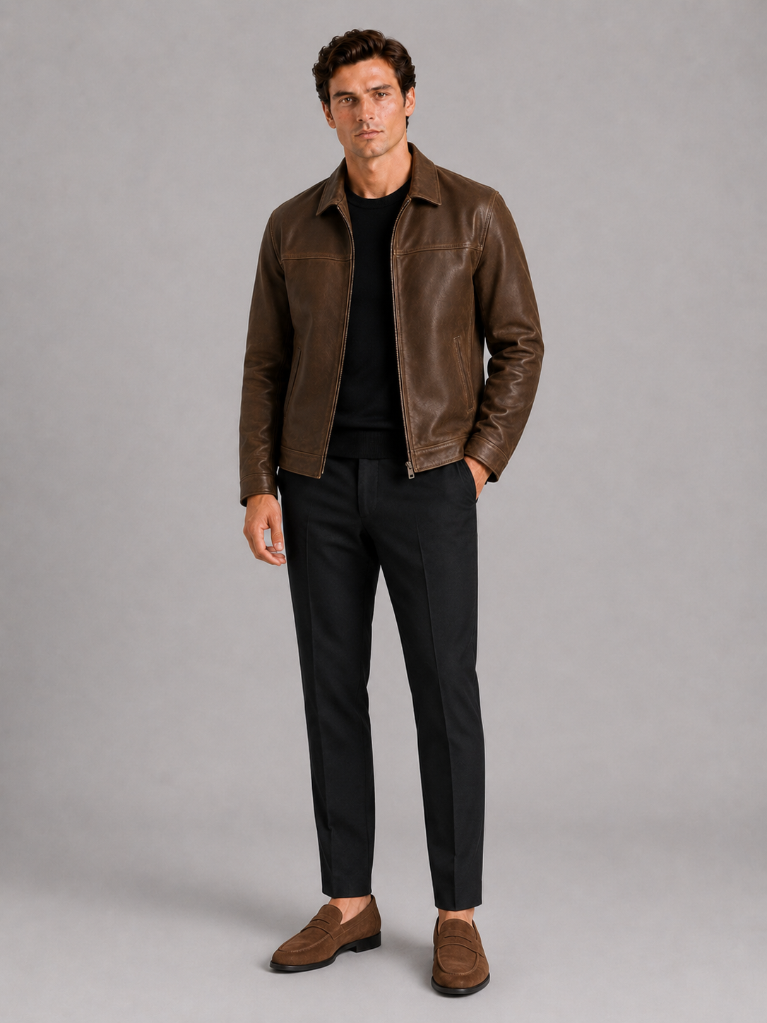 Men’s Leather Flight Jacket Zip-Up Loose Fit Spring Fall Jacket for Everyday and Streetwear