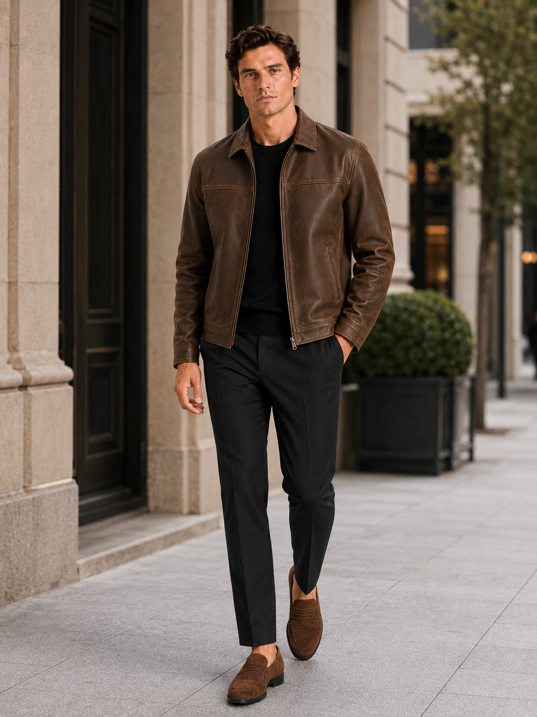 Men’s Leather Flight Jacket Zip-Up Loose Fit Spring Fall Jacket for Everyday and Streetwear