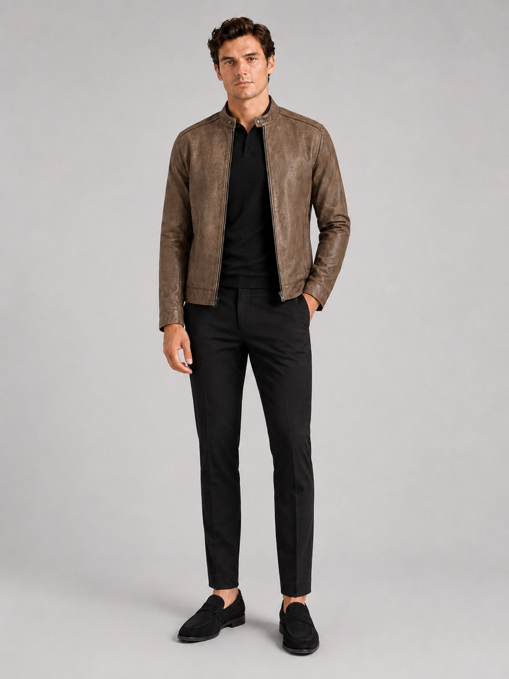 Brown leather moto jacket for men slim fit outerwear for motorcycle and everyday wear