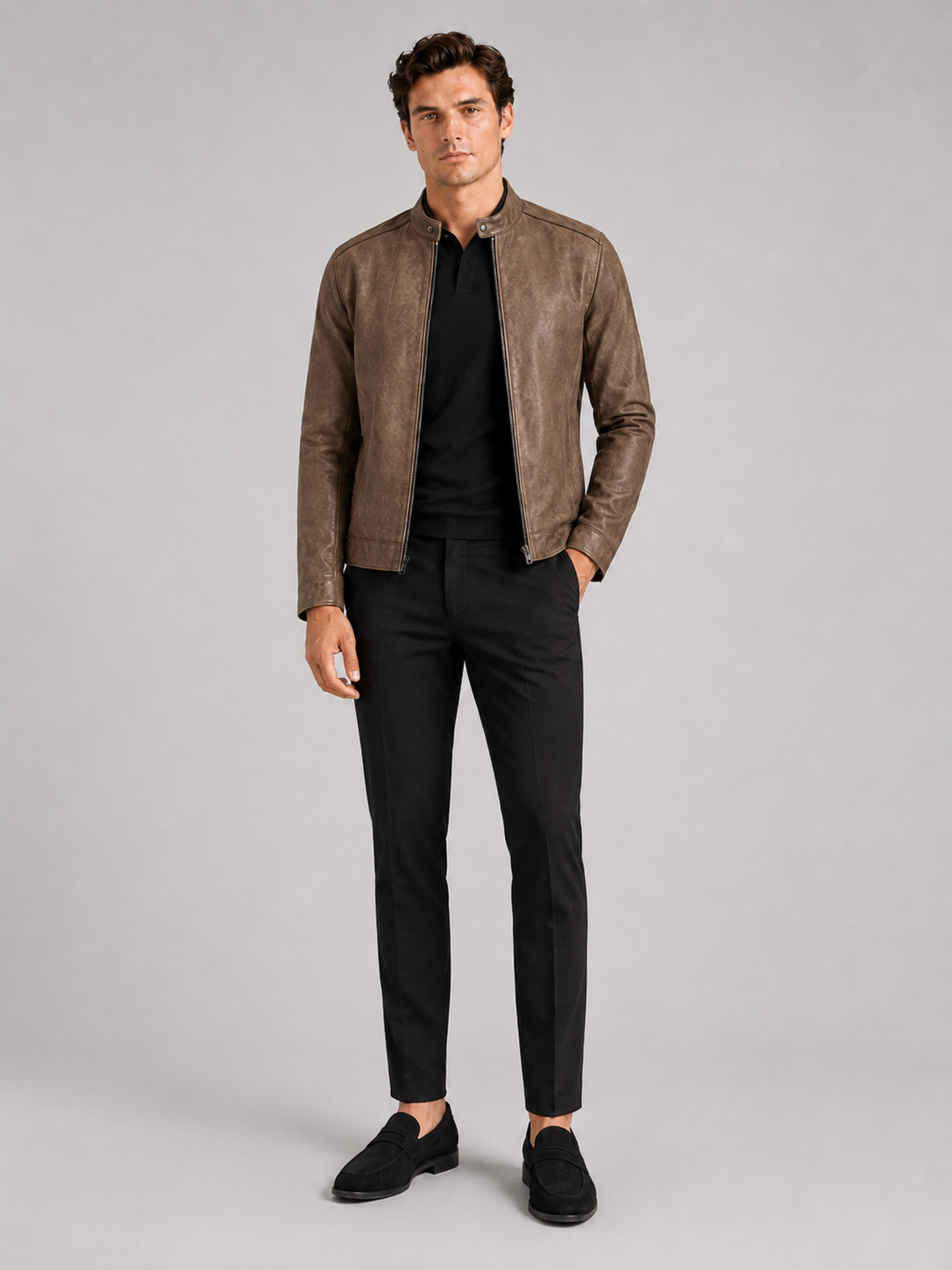 Brown leather moto jacket for men slim fit outerwear for motorcycle and everyday wear