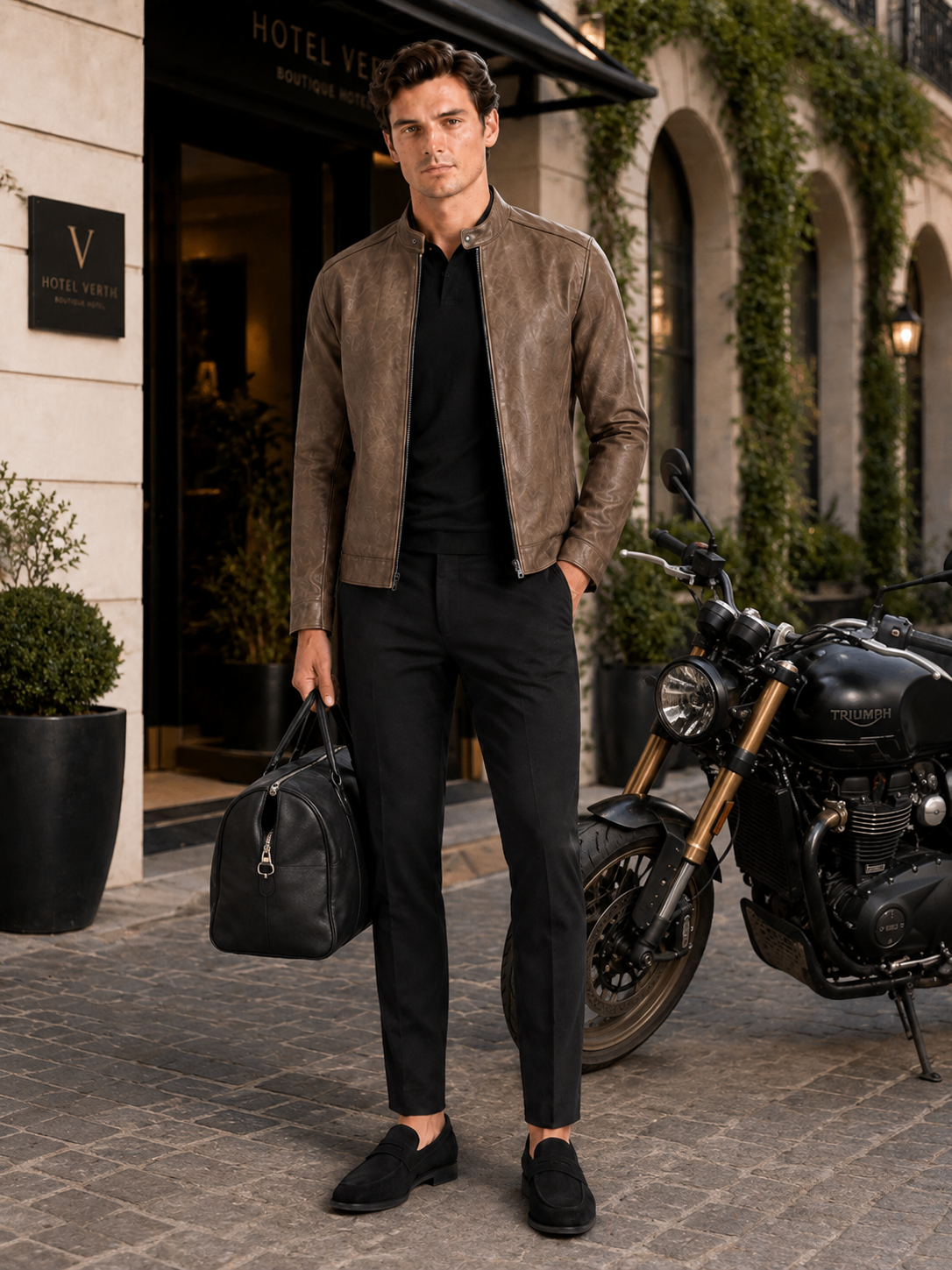 Man styling brown leather moto jacket in a refined motorcycle and everyday travel outfit