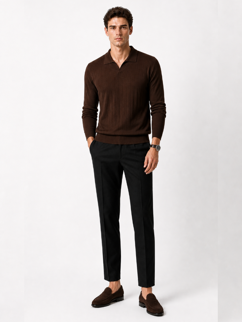 Men’s Long Sleeve Jacquard Knit Polo Shirt Solid Color Classic Spring Top for Business Casual Wear and Summer Vacation
