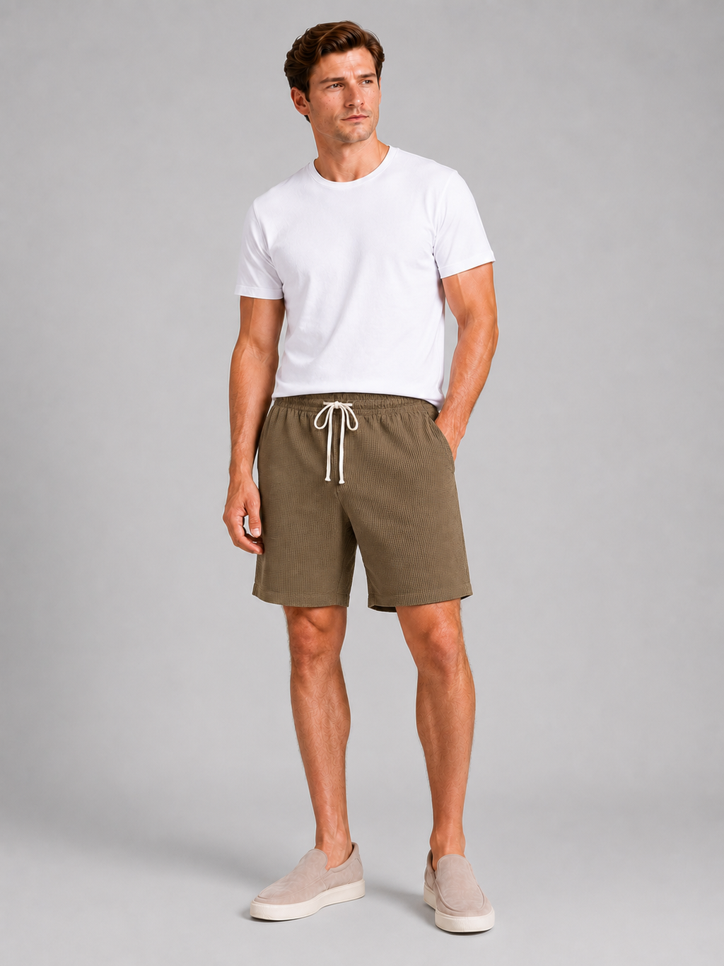 Men wearing brown drawstring shorts waffle texture loose fit knee length summer casual style