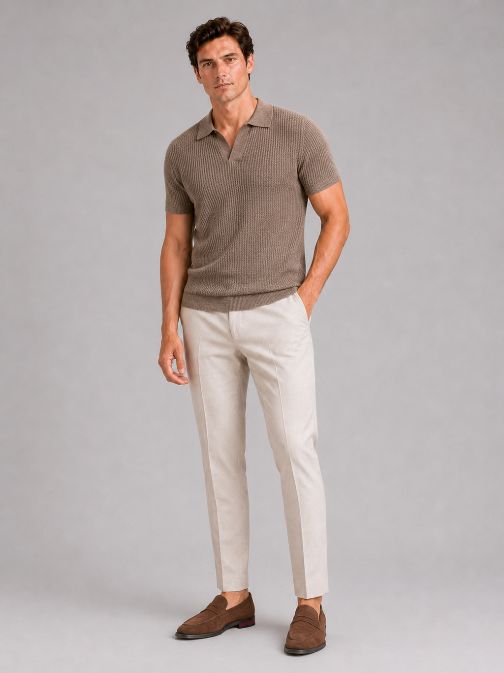 Brown slim fit knit polo shirt for men wrinkle resistant short sleeve summer wear