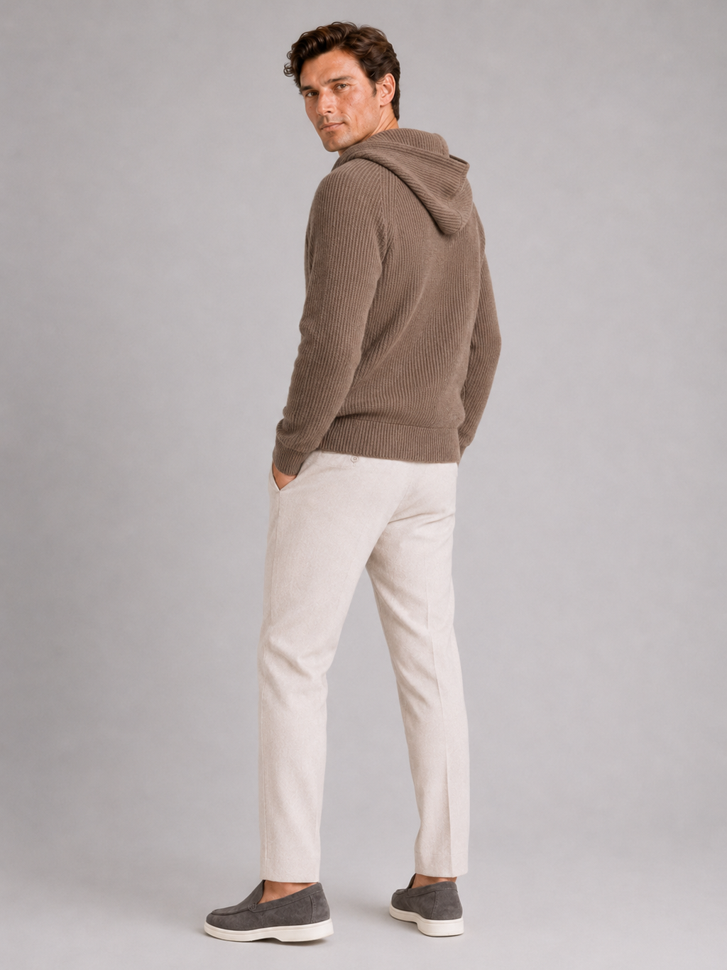 Brown merino wool zip cardigan for men warm long sleeve sweater for everyday winter wear
