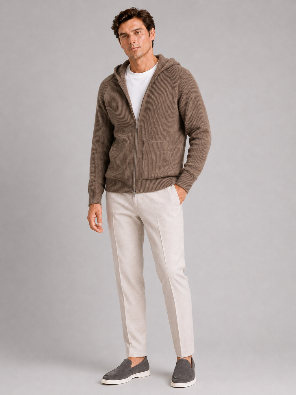 Men’s brown thick knit hoodie cardigan warm merino wool sweater for casual outfits