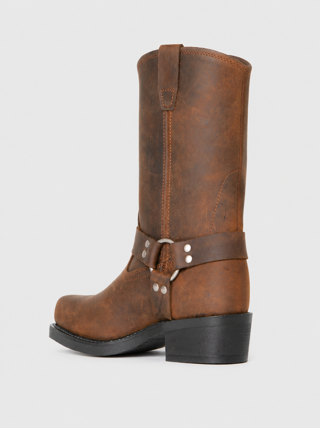 Back view of brown men’s mid calf cowboy boots showing the pull tabs, mid calf shaft, heel, and durable rubber outsole