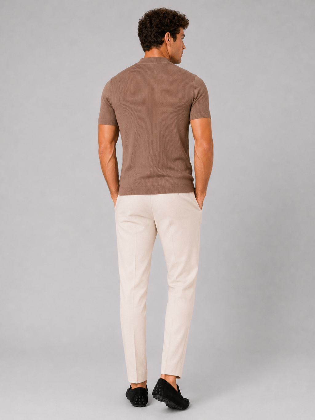 Men’s brown short sleeve ribbed top slim fit comfortable stretch casual outfit