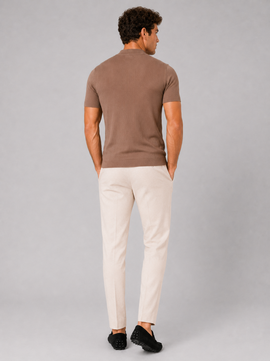 Men’s brown short sleeve ribbed top slim fit comfortable stretch casual outfit